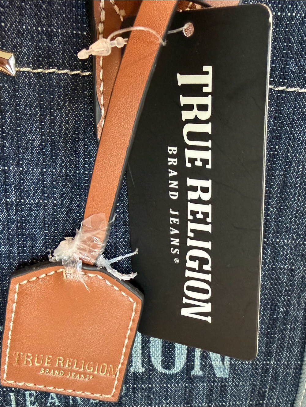 True Religion Navy Denim Tote with Tan Leather Handles - Picture 5 of 10